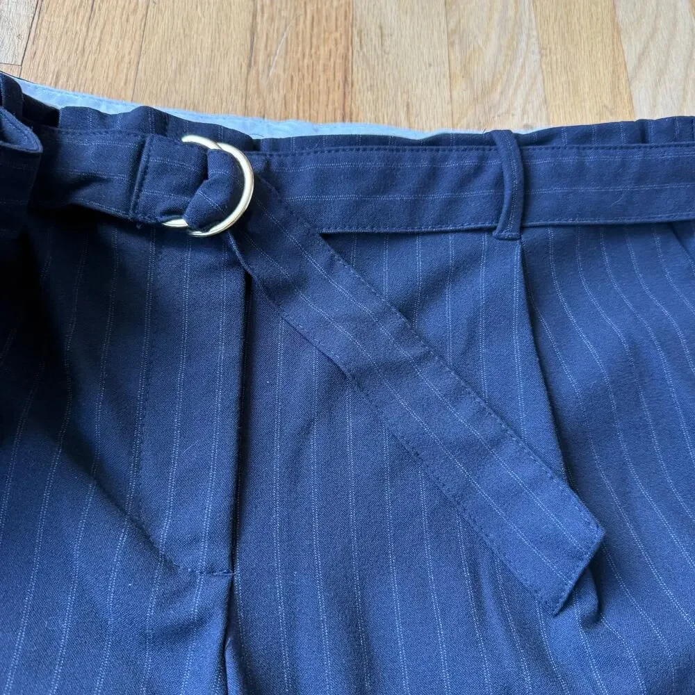 Zara Navy Blue Pinstripe Pleated Wide Leg Trouser Pants Sz L Classic Preppy Chic